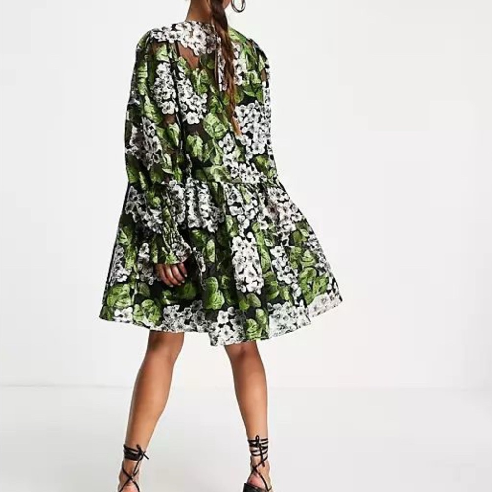 ASOS Black and Green Floral Lace Dress With Long Sleeve Captivating Sleeves - Picture 2 of 5